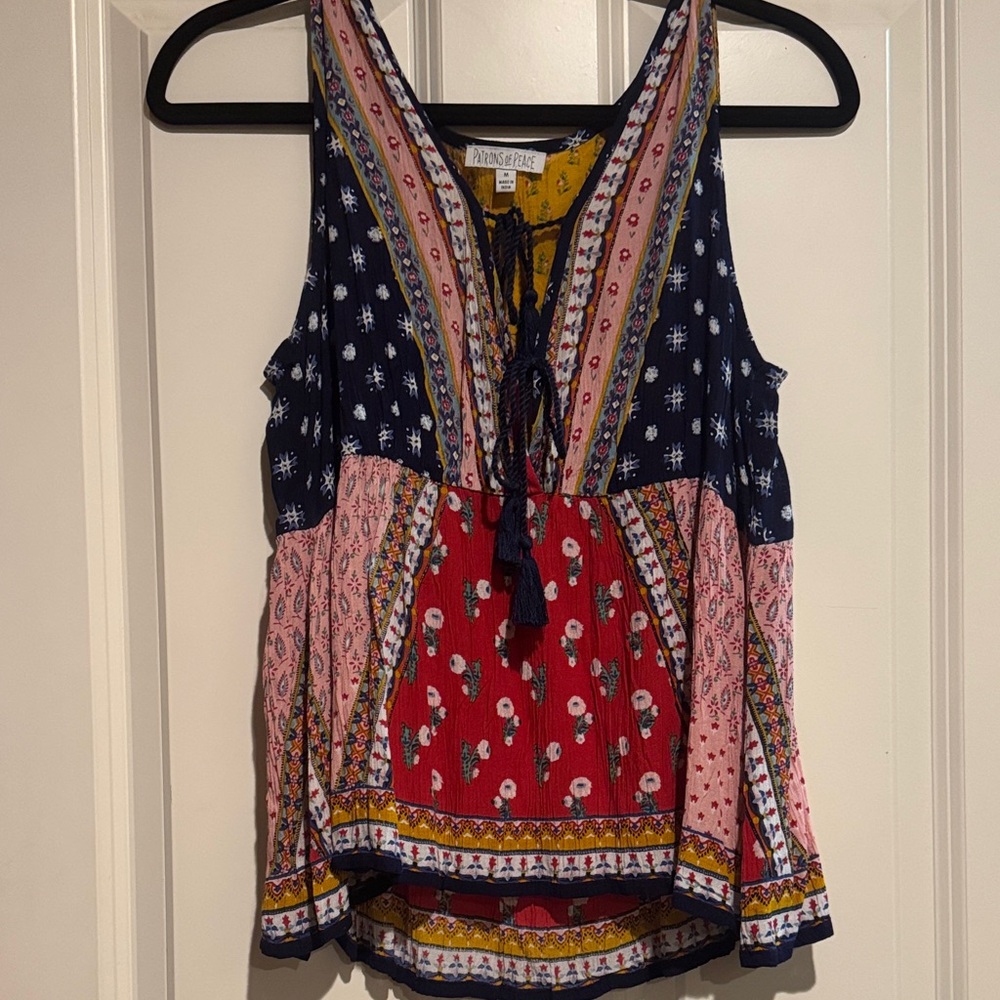 Patrons of Peace Boho Patchwork Sleeveless Top in Navy, Pink, and Red
